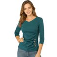 thumbnail image 1 of INSPIRE CHIC Women's Button Decor V Neck 3/4 Sleeve Solid Blouse Knitted Ruched Top Blue Green 2XL, 1 of 6
