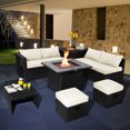 thumbnail image 2 of Patiojoy 9 Pieces Outdoor PE Rattan Wicker Sectional Sofa with 35-Inch Gas Fire Pit Table Space-Saving Patio Conversation Set with Storage Box Off White, 2 of 10