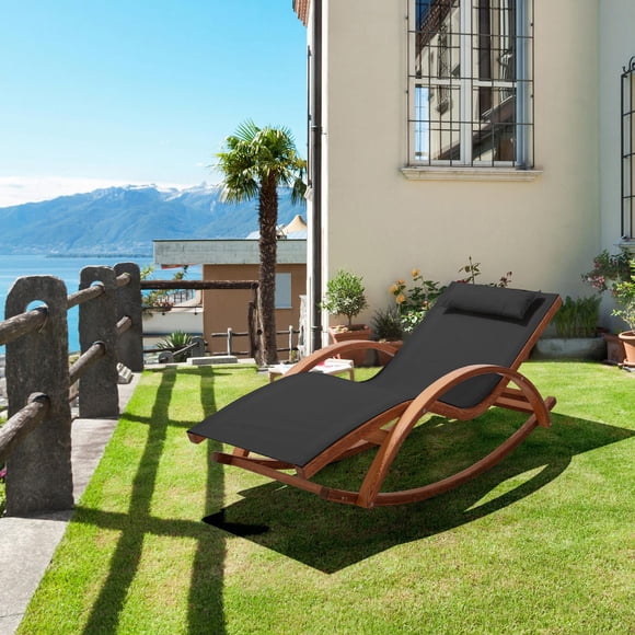 Outdoor Cedar Wood Patio Lounge Daybed with Black Textilene Fabric & Canopy
