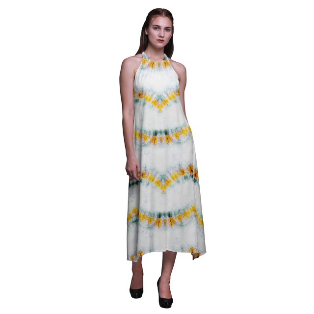 Bimba Robe de Plage d'Été pour Femmes, Dos Nu, Col Licou, Imprimée Teinture sur Nœuds - Medium