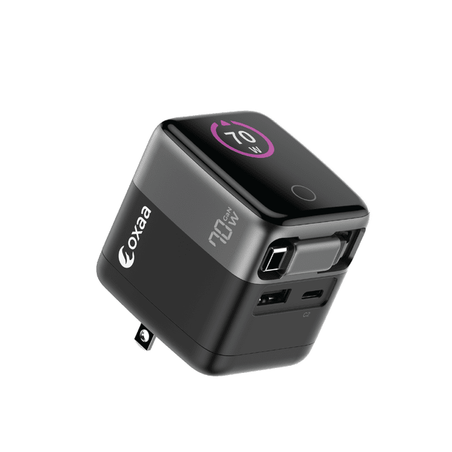 OXAA 70W GaN 2-Port + 1 Retractable USB-C Fast Wall Charger – Compact High-Speed Adapter for iOS & Android Devices, Laptops & Tablets