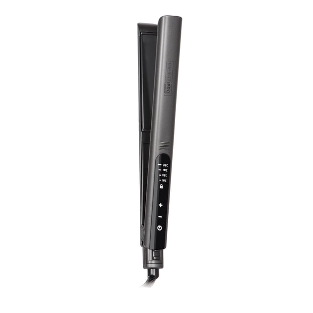 infinitiPRO by Conair 1" Tourmaline Ceramic Flat Iron in matte dark gray with floating ceramic plates and digital temperature control from 150°C to 235°C, offering 3 heat settings and fast 20-second heat-up for smooth, frizz-reducing styling, also suitable for curling hair.