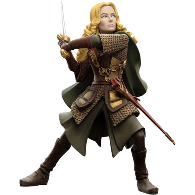 WETA Workshop Mini Epics - le Seigneur des Anneaux Trilogie - Figurine en Vinyle Eowyn dans une pose Dynamique, Brandissant une Épée avec Ses Cheveux Blonds Tressés et Fluides. la Figurine Présente des Détails Complexes, Y Compris une Armure en Cotte de Mailles, une cape Verte et un Fourreau. Conçue à l'Échelle 1:10 Stylisée, Cette Collection Multicolore Capte le Personnage Sans Crainte d'Eowyn de la saga de la Terre du Milieu.