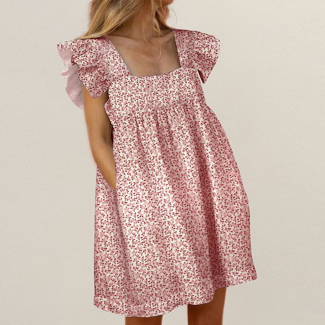 FcBaudy Robe à Manches Courtes à Col en V, Robes d'Été pour Femmes, Robes pour Femmes Robe d'Été pour Femmes Élégante à Col avec Poches Manches Bouffantes Robe Midi à Manches Courtes pour Femmes Robe pour Femmes