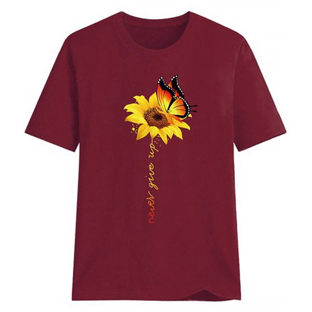 Blouse d'Été à Manches Courtes T-shirt Imprimé Tournesol Col Rond Blouse Haut Court d'Été, Rouge Vin, G