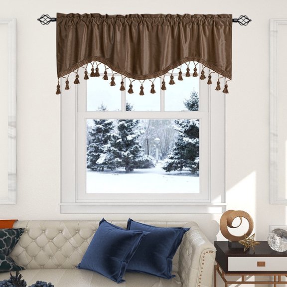 Panneaux de Rideaux à Franges pour Salon, Courts, à Poche pour Tringle, avec Garniture à Pompons, 52 X 18 Pouces, Rideaux en Polyester de Couleur Unie pour Cuisine, Chambre, Déco Maison, Installation Facile, Style Cantonnière