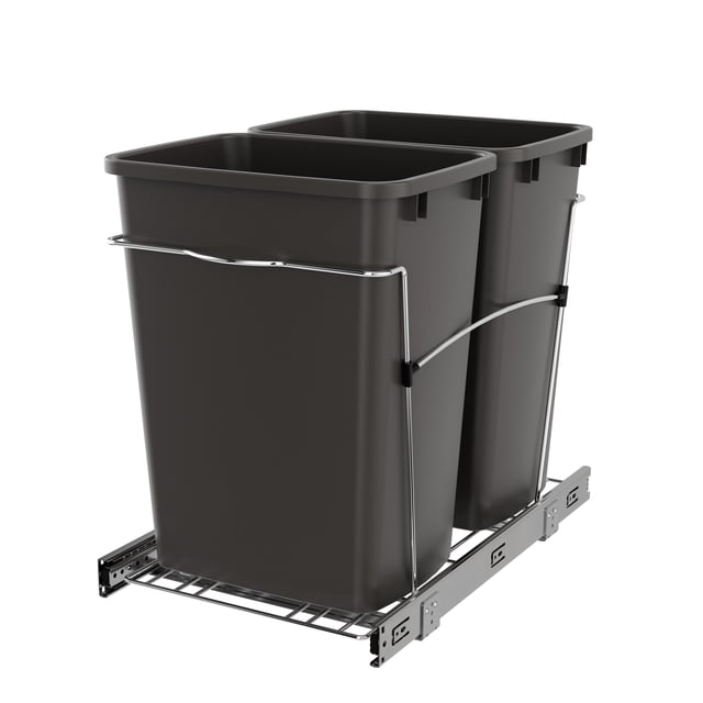 Rev-A-Shelf Double Pullout Trash Can 35 qt. for Kitchen in gray, featuring two 12-gallon bins mounted on a heavy gauge metal wire frame with full-extension ball-bearing slides. Designed for cabinet openings 14.5” to 18” wide, this space-saving system includes an integrated handle and adjustable crossbar for secure bin placement. Ideal for kitchen organization, it mounts to the cabinet floor with simple screw installation.