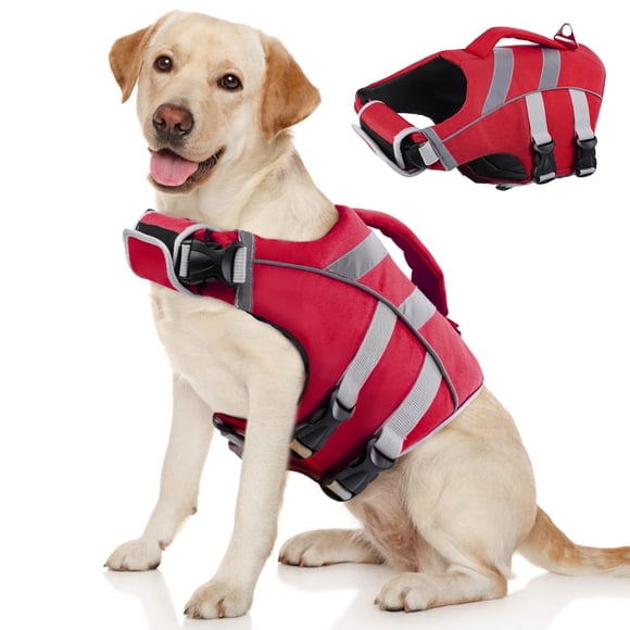 Kuoser Dog Life Jacket with Reflective Stripes, Adjustable Dog Life Vest, Red, L