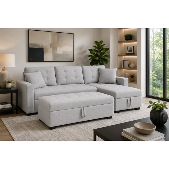 Brassex Amanda Reversible Storage Sectional Sofa for Living Room with Storage Ottoman and Accent Pillows, Grey