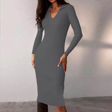 EGNMCR Robe en Tricot pour Femme Automne Hiver Moulante Portefeuille Hanches Ajustée Robes Couleur Unie Col à Revers Manches Longues Chandail Tunique Robe Tendance Décontractée Moulante Robes Maxi