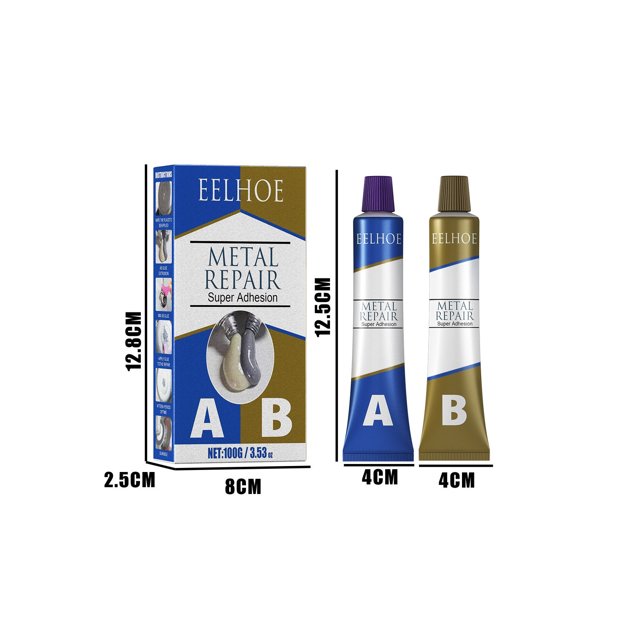 Agiferg Colle de Coulée, Agent de Réparation de Colle de Soudage Étanche A B Glue, Adhérence Forte et Séchage Rapide 100 G. l'Image Présente Deux tubes Adhésifs Époxy Étiquetés A et B, à Côté de Leur Boîte d'Emballage. les dimensions de la Boîte Sont 12,8 cm x 8 cm x 2,5 cm, et les tubes Sont de 12,5 cm de Hauteur et 4 cm de Largeur Chacun. Idéal pour Réparer les Défauts dans les Moulages en Acier, en Fer et en Aluminium, et pour des applications Adhésives