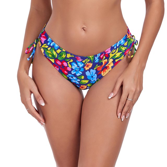 Ocean Blues Women's Full Coverage Swim Bottoms Sides Drawstring Mid Rise Bikini Bottom Floral Print Bathing Suit Size S