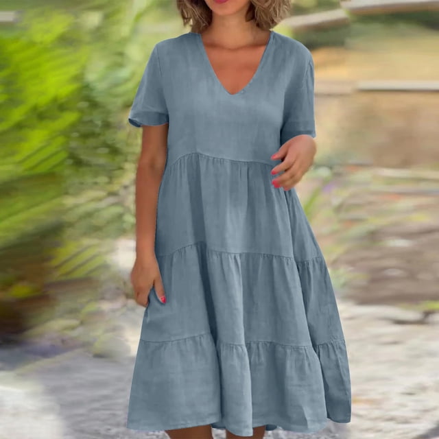 Meichang Robes d'Été pour Femmes 2025 Décontractées à Manches Courtes Col en V à Étages Longueur Genou Robes Trapèze Robe en Coton et Lin Fluide Tunique de Plage