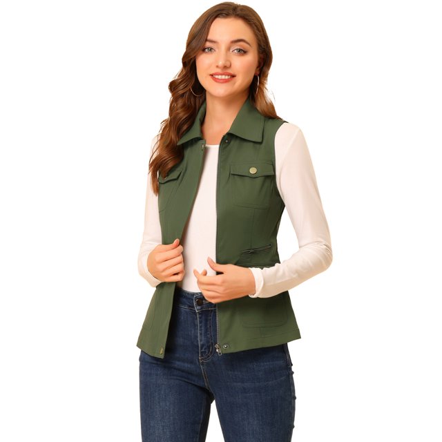 INSPIRE CHIC Veste Zippée pour Femme Sans Manches Anorak Gilet Utilitaire Veste avec Poches m Vert