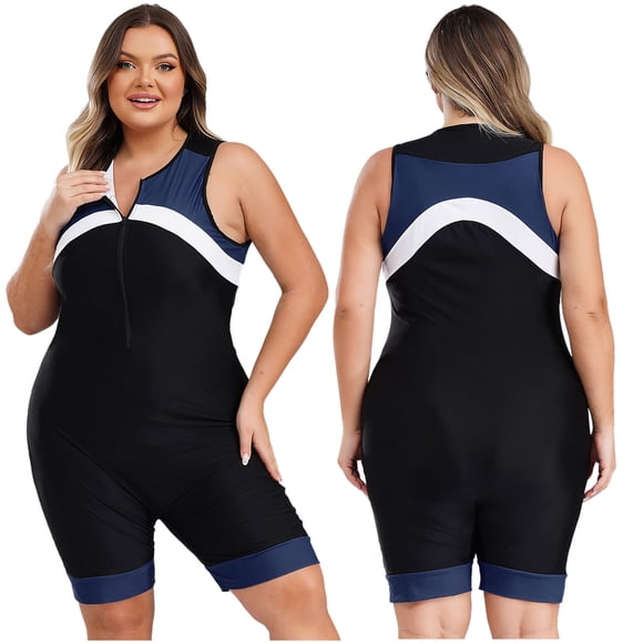 TiaoBug Womens Boyshort One Piece Zipper Swimsuit Plus Size Contrast Color Bathing Suit Athletic Bodysuit Navy Blue 4XL