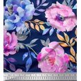 thumbnail image 1 of Soimoi Blue Modal Satin Fabric Leaves & Floral Print Sewing Fabric BTY 42 Inch Wide, 1 of 3