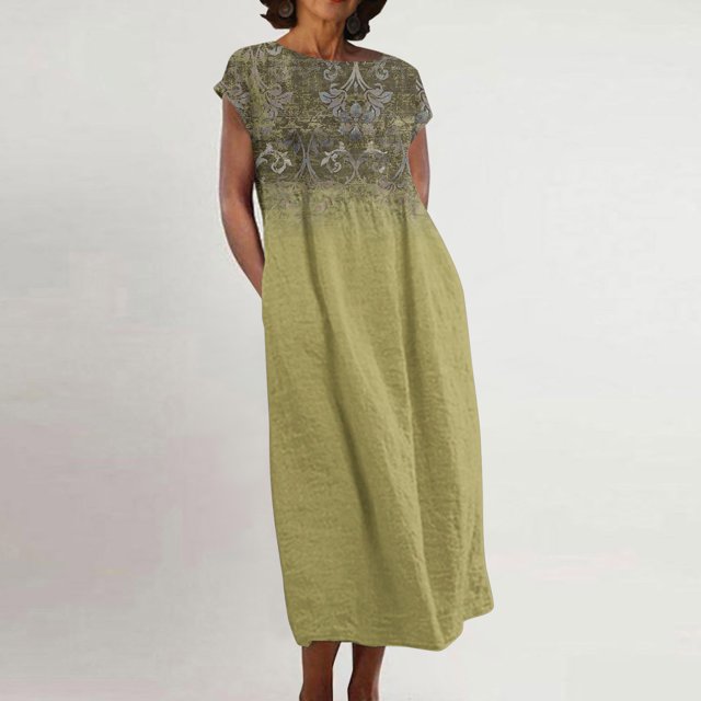 Meichang Robes en Lin pour Femmes 2024 Rétro à Imprimé Floral Coupe Ample Robes Midi Manches Courtes Col Rond Robes d'Été Décontractées Évasées Légères Confortables Longues Robes de Travail Jaune m