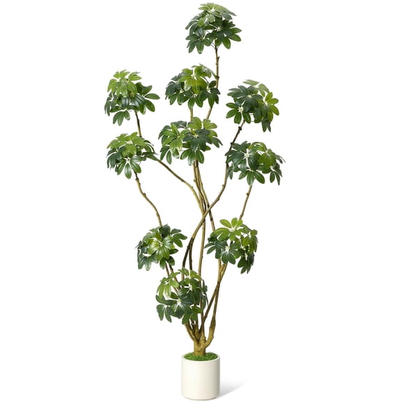 7FT Umbrella Artificial Tree with White Planter Pot,Multi-Trunk Faux Umbrella Floor Plant with Natural Wood Trunks in White Decorative Planter,Natural Curved Trunk for Home Offices Porch Decor