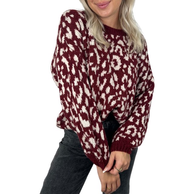 Honganda Chandail Ample d'Automne pour Femmes Motif Léopard Manches Longues Tricot