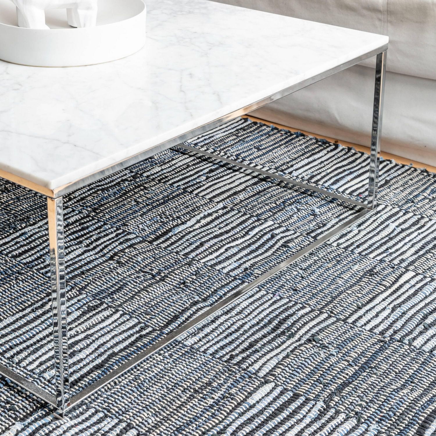 Tapis de chiffon fait main en cuir denim damier Fabstyles pour salon, couloir, patio