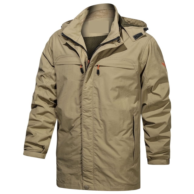 LSLJS Men's and Winter Plus Velvet Solid Color Zipper Pocket Warm Jackets( Khaki, XXXXL)