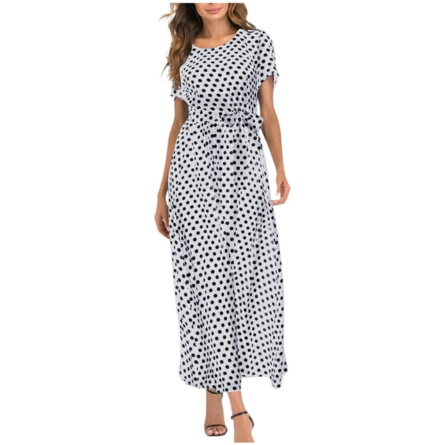 Robe d'Été Blanche pour Femmes 2022 Mode Femmes Col Rond Manches Courtes Plage Pois Bandage Longue Robe Maxi