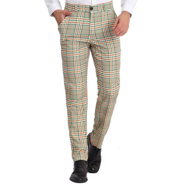 INSPIRE CHIC Men's Dress Pant Flat Front Stretch Business Plaid One Button Pants 28 Green Orange