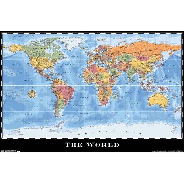 Carte - Affiche Murale du Monde, 22,375 Pouces x 34 Pouces Montrant une Carte du Monde Politique Détaillée avec des Pays en Couleurs Distinctes et des Villes Principales Étiquetées, Imprimée sur Papier d'Affiche Brillant avec une rose des Boussoles dans l'Océan Pacifique, Représentant des continents et des Océans Y Compris l'Antarctique, Convient à la Déco de la Maison, au Bureau Ou à l'Art Mural pour Dortoir.