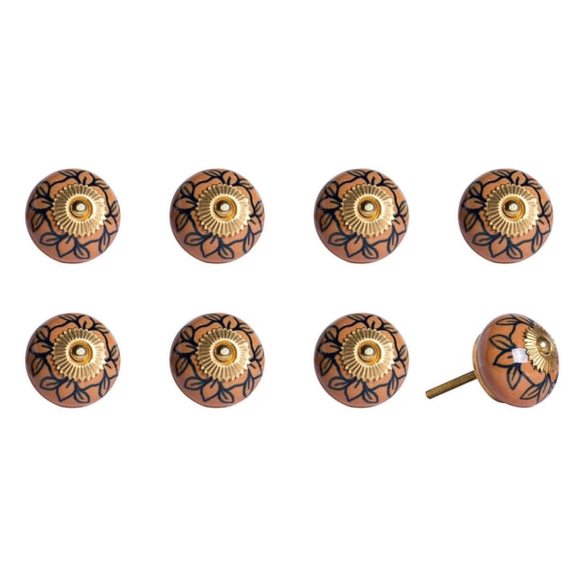 KNOB-IT vintage handpainted ceramic knobs 8 pack featuring round terracotta-coloured cabinet hardware with black floral designs and gold-tone metal centers and bolts, ideal for updating drawers and cupboards with a whimsical touch.