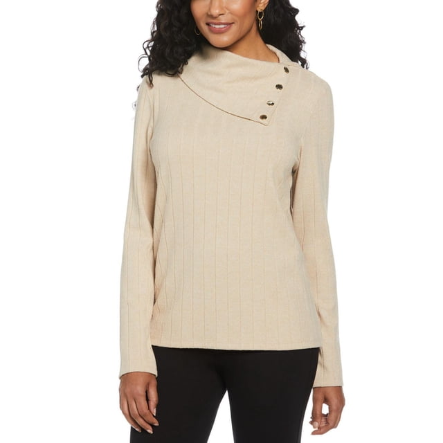 Rafaella Women's Long Sleeve Top with Rivet Neck Trim in beige, featuring a classic fit, cowl neck with decorative non-functional metal snap rivets, long sleeves, and soft brushed rib knit fabric, styled with black pants, suitable for casual or office wear.