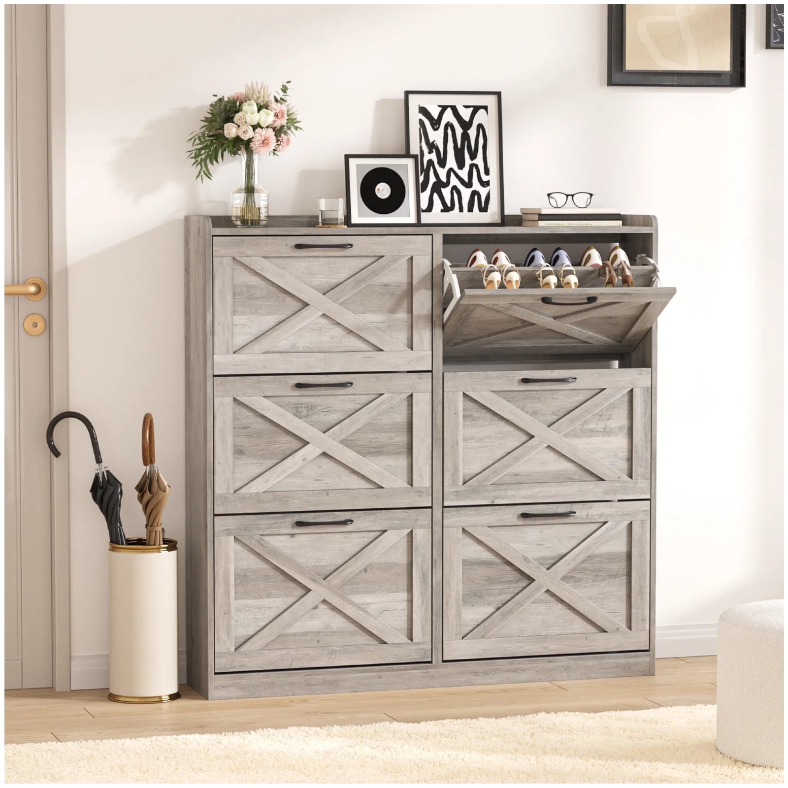 Vabches Large Shoe Storage Cabinet with 6 Flip Drawers for Entryway, Narrow Shoe Rack Cabinet, White