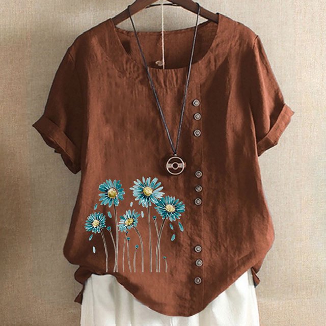 TopLLC Chemises Mexicaines pour Femmes Hauts Brodés Traditionnels Tunique Décontractée à Fleurs pour Femmes Col Rond Manches Courtes Chemises en Lin