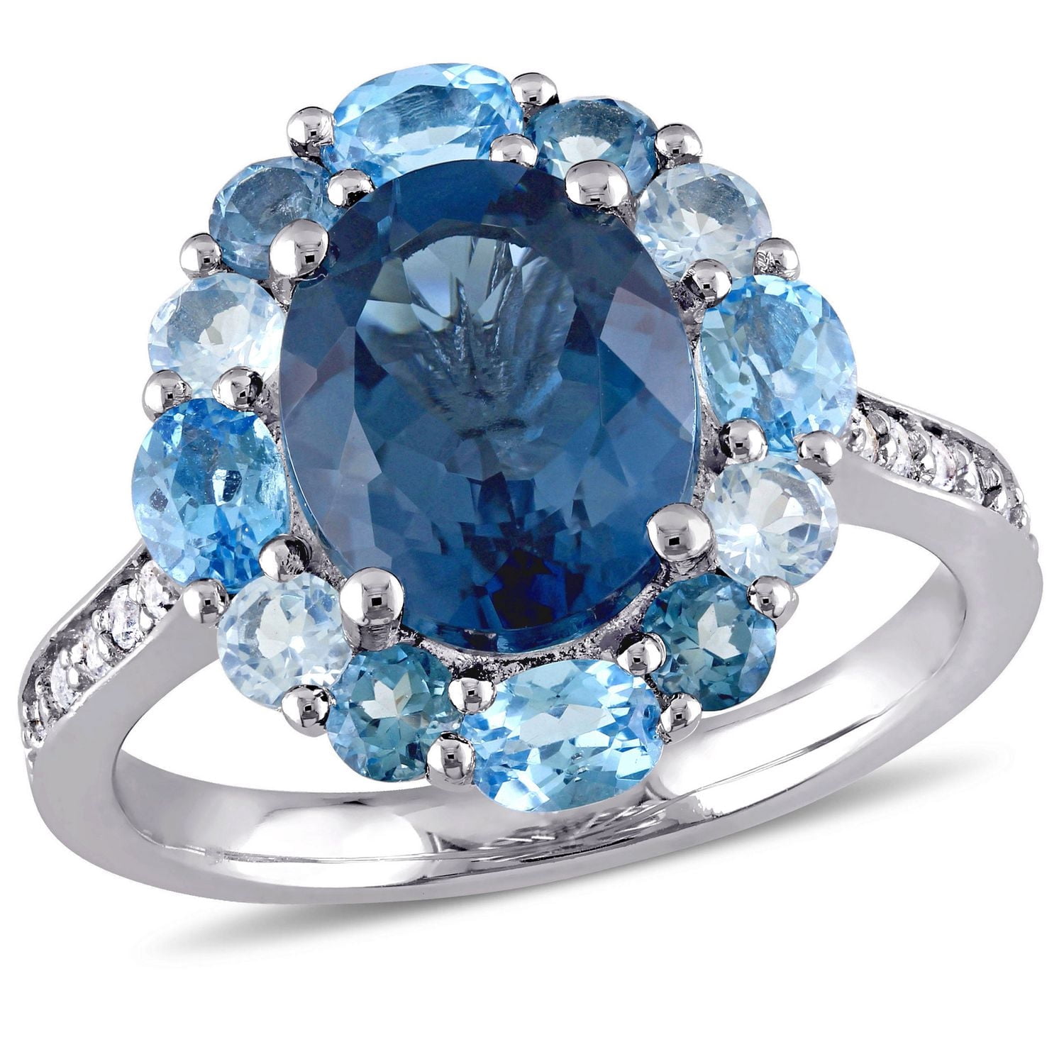 Bague cocktail auréole Tangelo avec topazes bleues et blanches 5-3/8 CT PBT en argent sterling