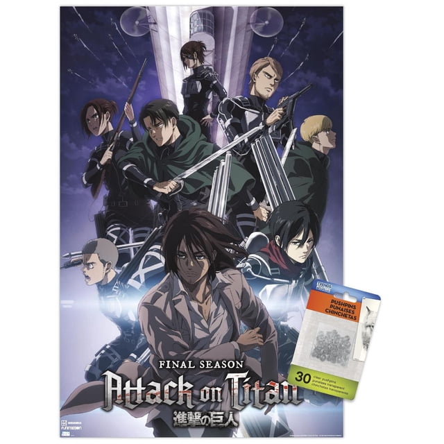 Attack on Titan : Saison 4 - Affiche Murale Key Visual 2, 22,375 Po x 34 Po, Représentant des Personnages d'Anime en Costumes Tactiques Noirs et Capes Vertes Tenant des Épées et des Armes à Feu, Posée de Façon Dynamique devant une Haute Tour sous un Ciel Sombre, Idéale pour une Déco Intérieure Vibrante.