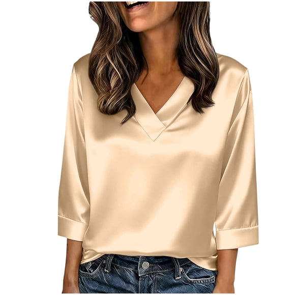 BLVB Satin Blouses for Women Silky Shirts V Neck 3/4 Sleeve Business Casual Loose Office Work Tops Spring Summer Clothes