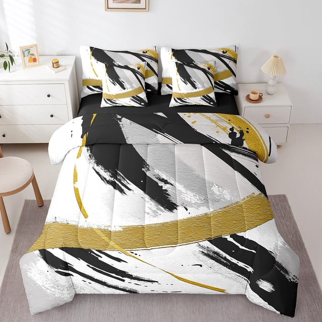 YST Black Grey Gold 7-Piece Comforter Set, Queen, Gradient Abstract Vintage Theme