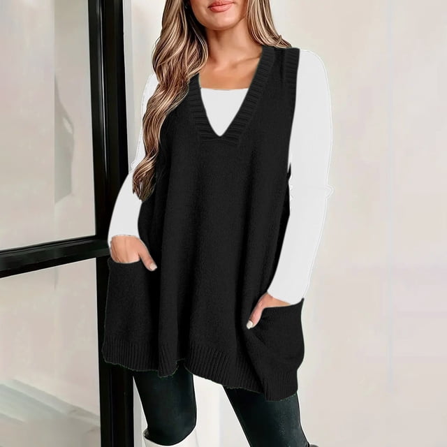 IMENGL Chandail Sans Manches Confortable à Poche, Col en v, Noir 4TG, Taille g-4TG