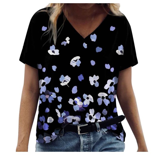 Fashion Woman V-Neck Printed Short Sleeve Printing Blouse T-Shirt Summer Tops