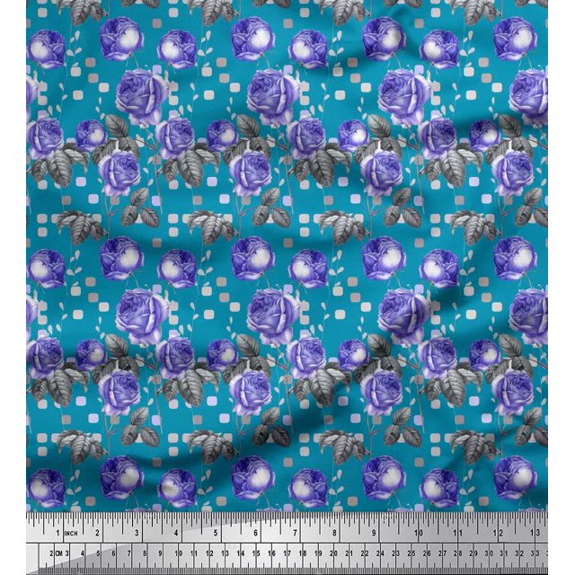 Soimoi Tissu Popeline de Coton Carré, Feuilles & Roses Imprimé Floral 1 Yard 42 Pouces de Large