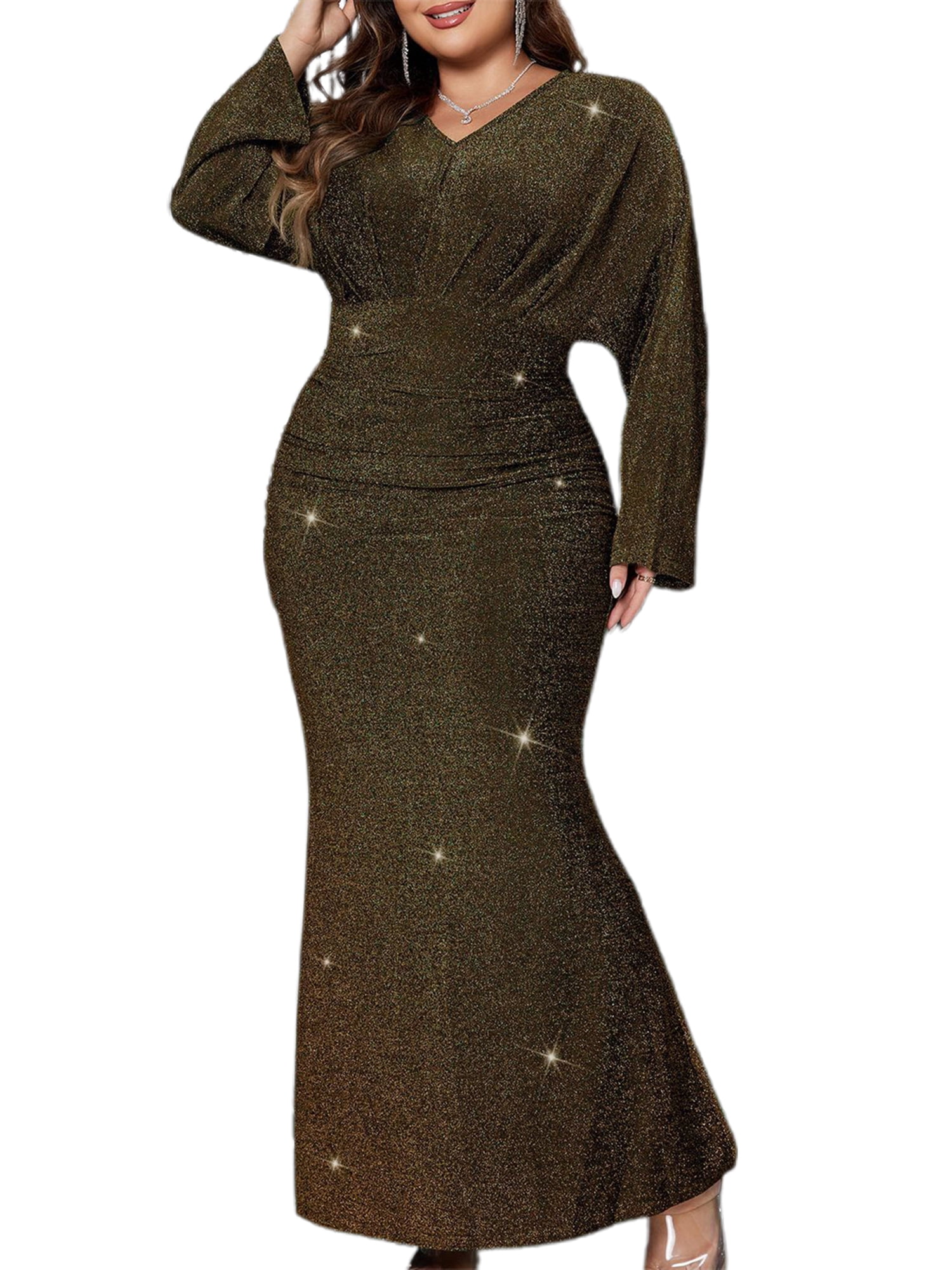 Gupgi Robe de Soirée Pailletée pour Femme Grande Taille Couleur Unie Manches Longues Col en V Ajustée Longue Robe Cocktail Formelle Bal de Promo TG-TTTTG