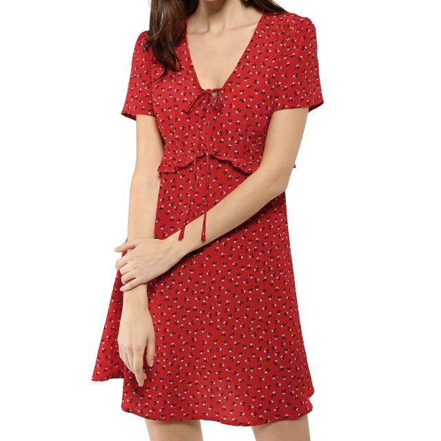 INSPIRE CHIC Robe Trapèze à Fleurs pour Femme, Col en V à Nouer, Manches Courtes, Volants, m Rouge