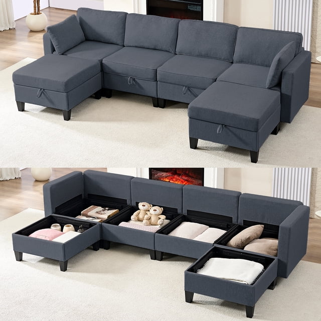 Puremind Canapé Sectionnel Modulaire avec Rangement en Gris Foncé, Canapé Sectionnel en Forme de U/L avec ottoman Mobile et Fonction de Lit convertible. Conçu pour l'Assise au Salon, Il Présente des Compartiments de Rangement Spacieux dans Chaque Siège et ottoman pour Couvertures, Oreillers Ou Jouets. Fabriqué en Tissu de Lin Respirant et Éponge Haute Densité pour le Confort, Ce Canapé Mesure 109,4 Pouces de Large, 54,7 Pouces de Profondeur et 31,5 Pouces de Hauteur. Idéal pour Appartements Ou Maisons.