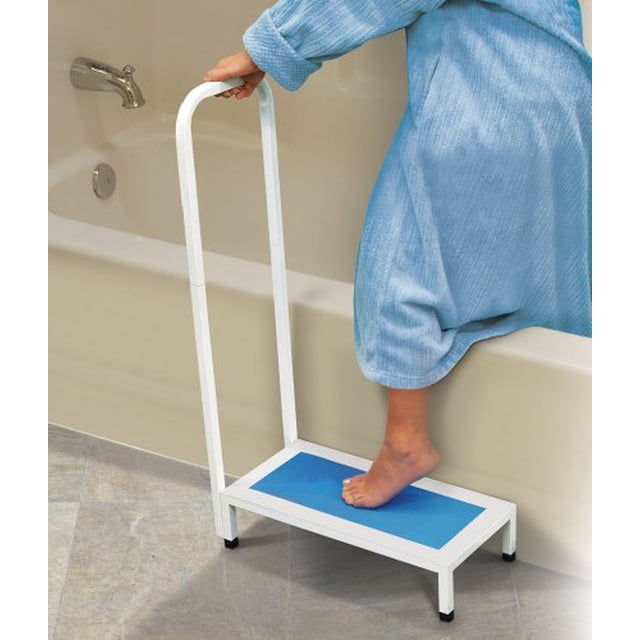 Jobar International Marchepied de Bain avec Poignée, Conçu pour la Sécurité de la Salle de Bain et l'Aide à la Mobilité. Doté d'Un Cadre en Métal Blanc durable avec une surface de Marche Bleue Antidérapante, Positionné à Côté d'Une Baignoire. Convient aux Aides à la Vie Quotidienne et aux Besoins de Soins de Santé à Domicile.