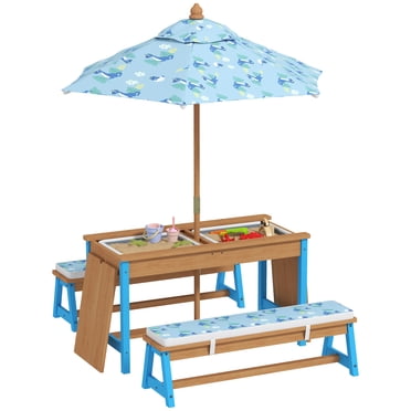 Qaba Table de Pique-Nique pour Enfants, Ensemble Table Extérieure en Bois et Banc avec Parasol Bleu