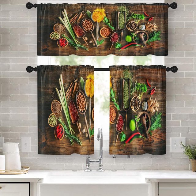Kitchen Curtains Colourful Various Herbs and Spices Window Curtains Valance and Tier Set 36 Inch, Cooking Wooden Board Pattern Short Tier Curtain for Kitchen, Vintage Small Kitchen Decor