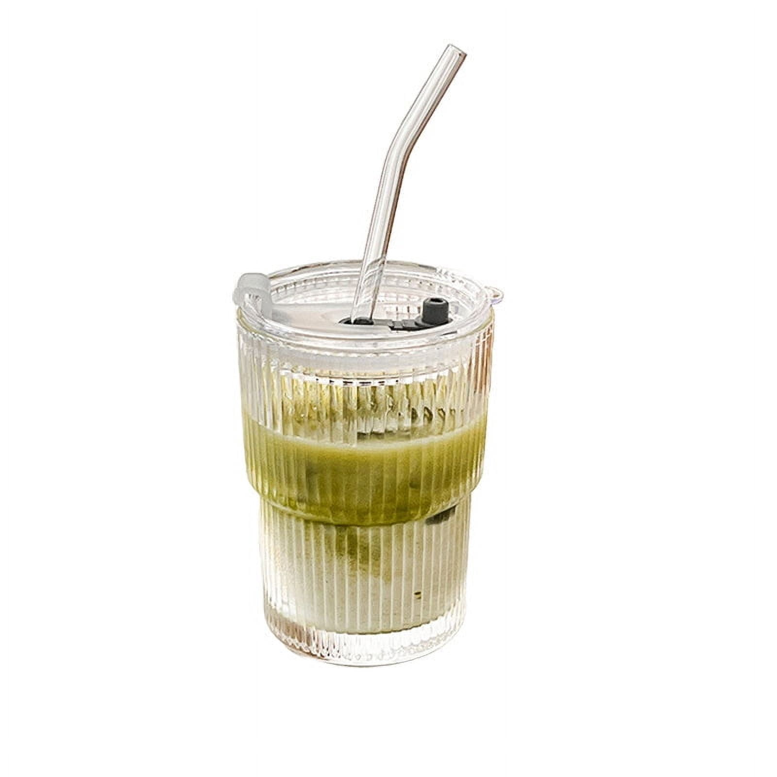 fheaev Wind Vertical Striped Water Cup With Straw And Lid Glass Cup Summer Ice Cup Drinking Cup