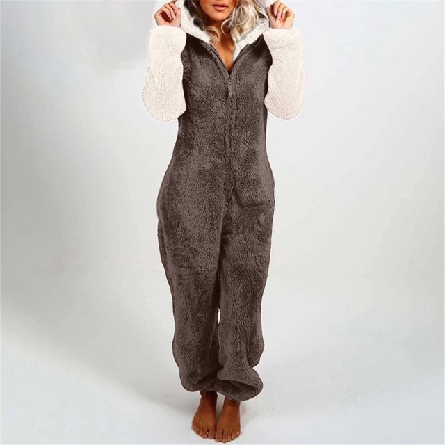 Combinaison à Manches pour Femmes Combinaison à Manches Longues avec Capuche Pyjama Décontracté d'Hiver Chaud Combinaison de Nuit pour Femmes en Liquidation