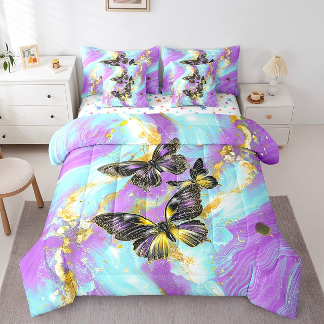 Gold Marble Bed in a Bag King Size Comforter Set 7 Pieces Purple Butterfly Bedding Sets,Cyan Marbling Sheet Set Abstract Ombre Ink Fluid Art Bed Set,Rustic Animal Dreamy Butterflies Room Decor