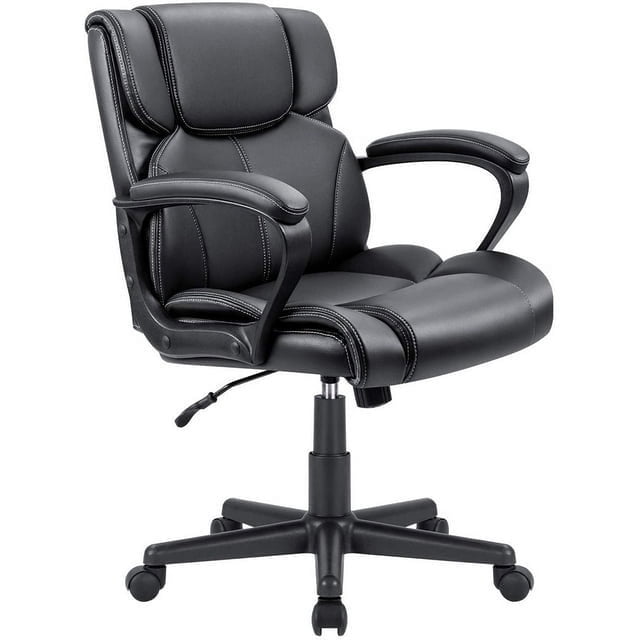 Mid-Back Faux Leather Ergonomic Executive Office Desk Chair in black, designed for office furniture needs. Features include padded armrests, lumbar support, and a bonded leather finish for easy cleaning. Adjustable height lever, rocking function, and a durable five-star swivel base ensure comfort and mobility.