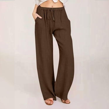 LOVZFMLL Women's Pants, Casual Cotton Linen Drawstring Elastic Waist Long Wide Leg Pants Brown, L